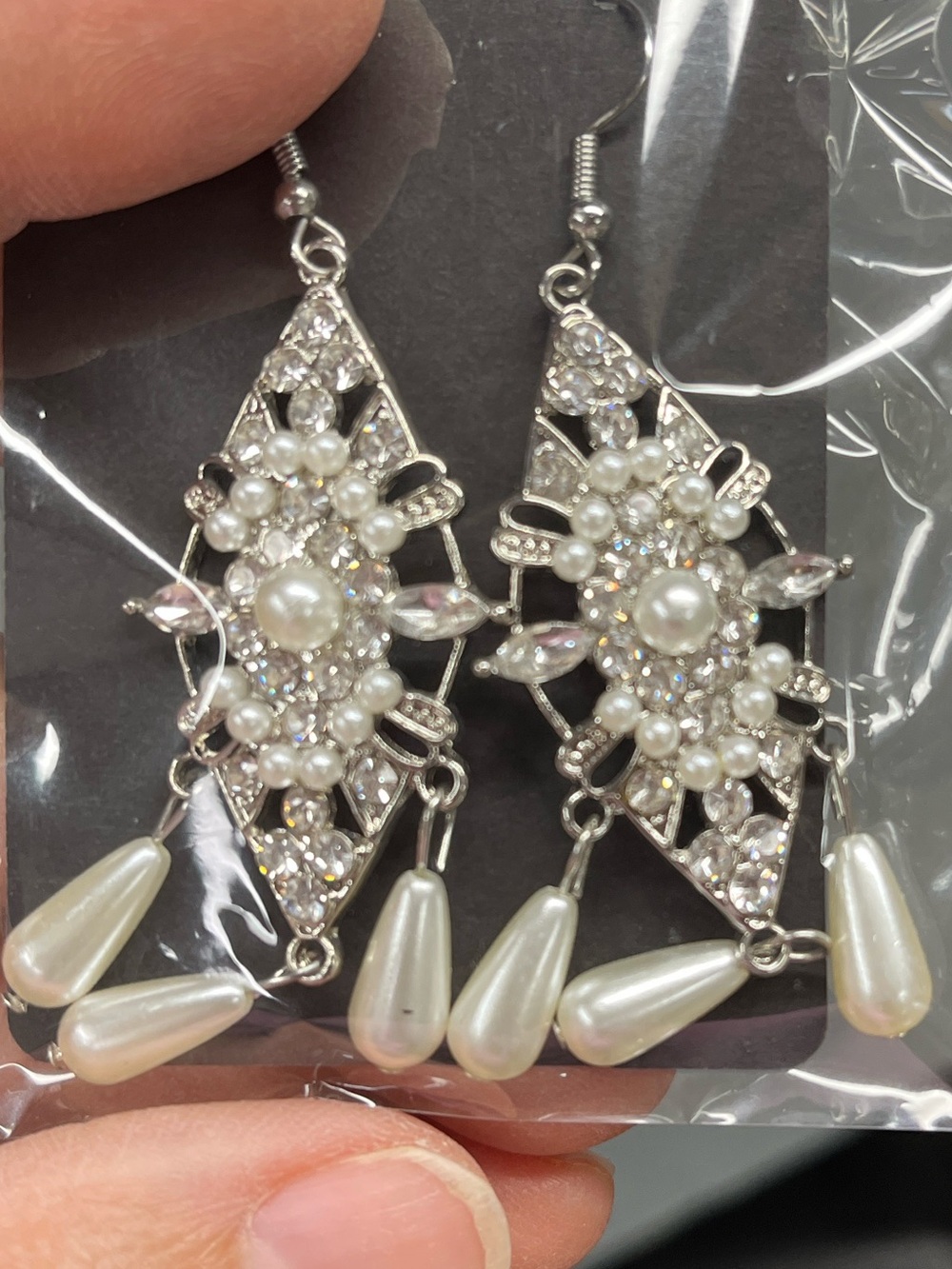 Paparazzi Silver Pearl & Crystal Chandelier Hook Drop Earrings